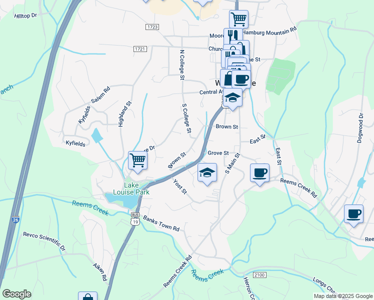 map of restaurants, bars, coffee shops, grocery stores, and more near 51 Brown Street in Weaverville