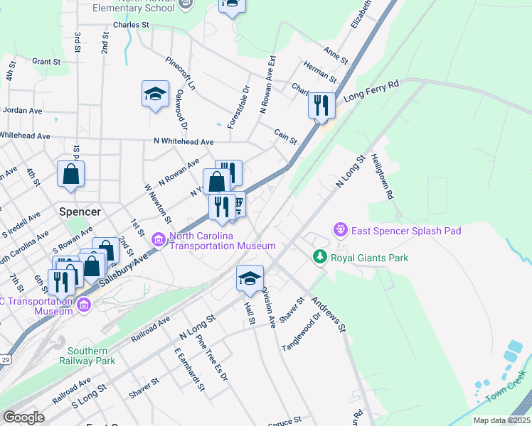 map of restaurants, bars, coffee shops, grocery stores, and more near Lexington Avenue in Spencer