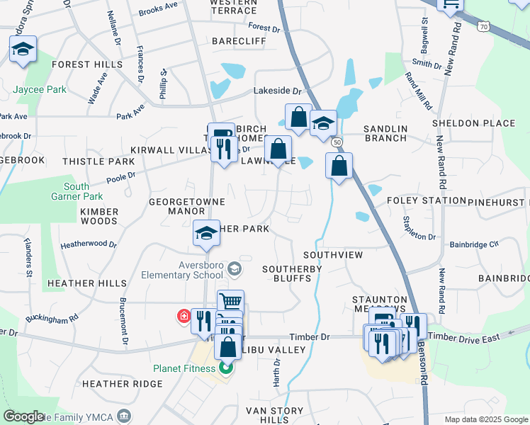 map of restaurants, bars, coffee shops, grocery stores, and more near 105 Gulley Glen Drive in Garner