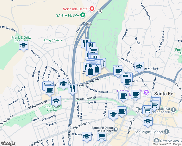 map of restaurants, bars, coffee shops, grocery stores, and more near 157 Paseo De Peralta in Santa Fe