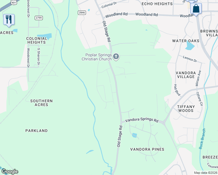 map of restaurants, bars, coffee shops, grocery stores, and more near 6310-6598 Old Stage Road in Raleigh