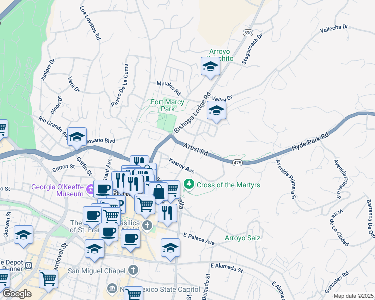 map of restaurants, bars, coffee shops, grocery stores, and more near 233 Artist Road in Santa Fe