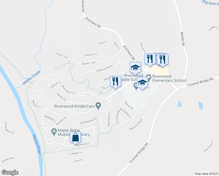 map of restaurants, bars, coffee shops, grocery stores, and more near 128 Hutson Lane in Clayton