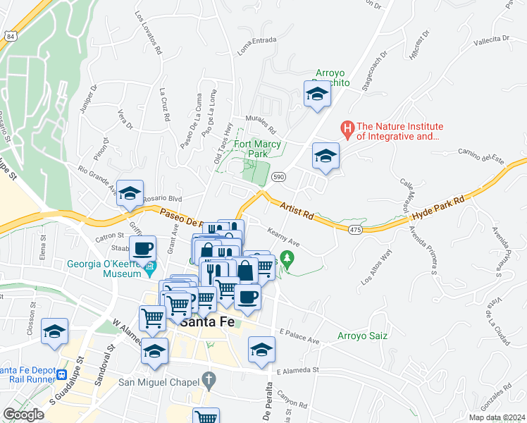 map of restaurants, bars, coffee shops, grocery stores, and more near 108 Monte Vista Place in Santa Fe