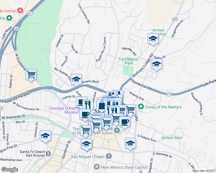 map of restaurants, bars, coffee shops, grocery stores, and more near 401 Old Taos Highway in Santa Fe