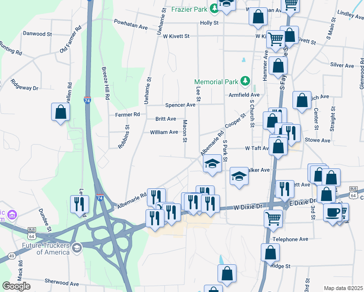 map of restaurants, bars, coffee shops, grocery stores, and more near 1016 Macon Street in Asheboro