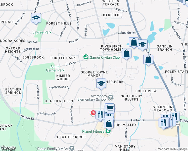map of restaurants, bars, coffee shops, grocery stores, and more near 106 Village Green Trail in Garner