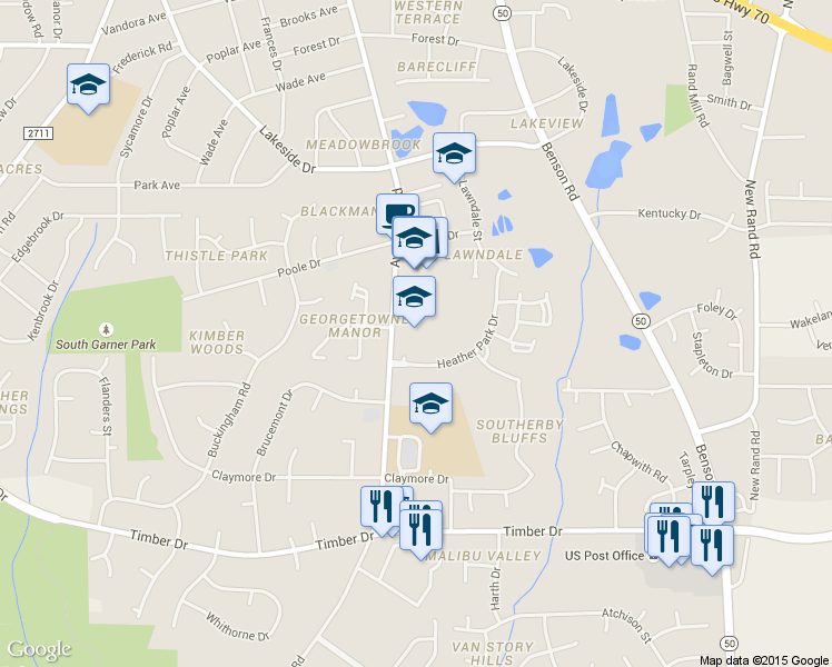map of restaurants, bars, coffee shops, grocery stores, and more near 1433 Aversboro Road in Garner