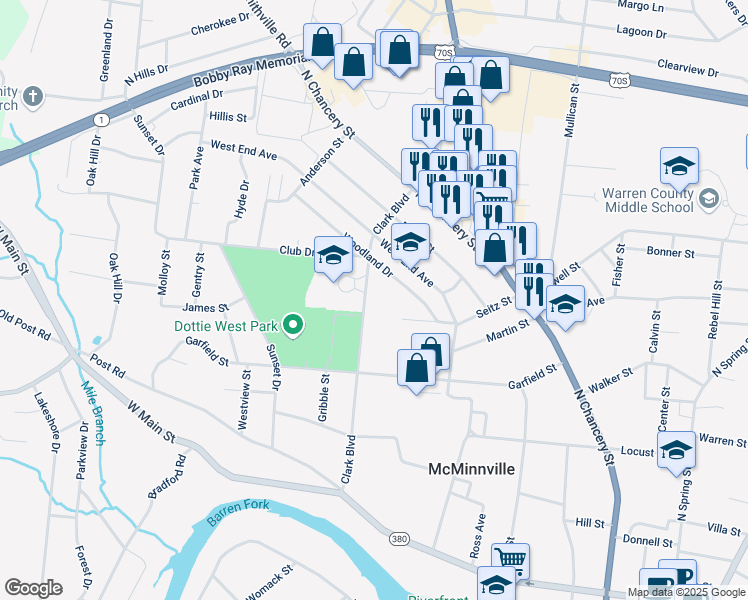 map of restaurants, bars, coffee shops, grocery stores, and more near 409 Clark Boulevard in McMinnville