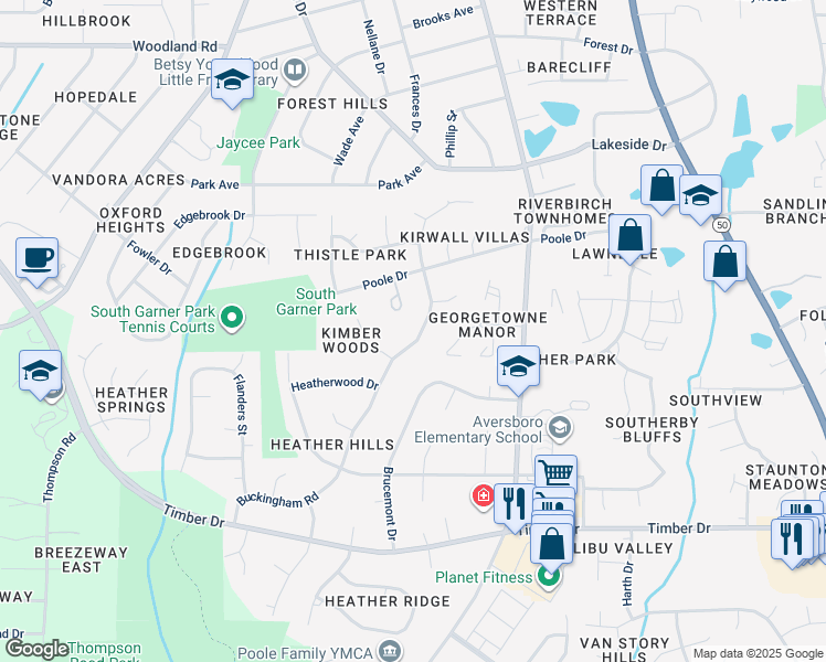 map of restaurants, bars, coffee shops, grocery stores, and more near 908 Buckingham Rd in Garner