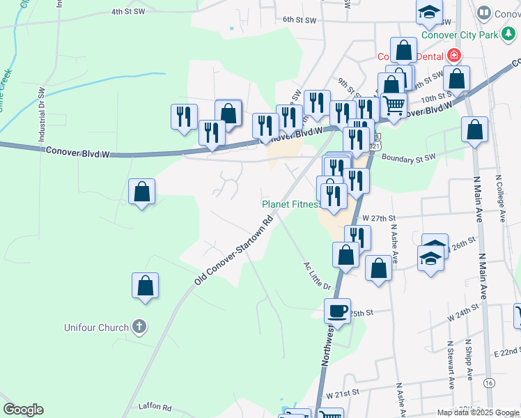map of restaurants, bars, coffee shops, grocery stores, and more near 2655 Old Conover-Startown Road in Newton