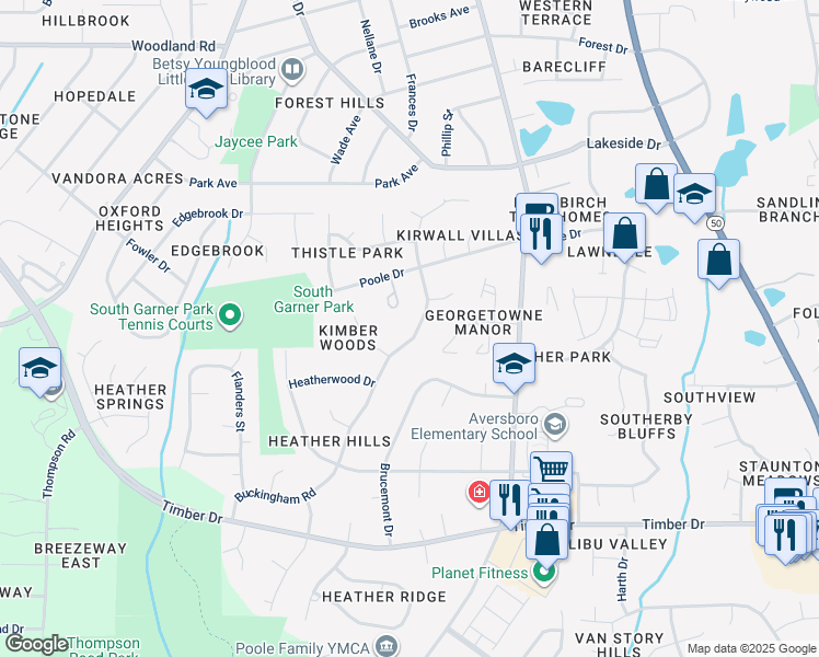 map of restaurants, bars, coffee shops, grocery stores, and more near 908 Buckingham Road in Garner