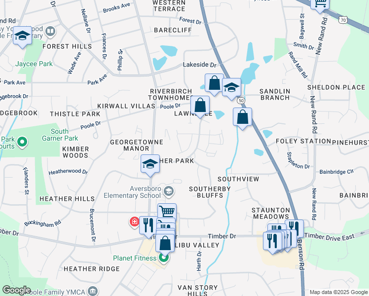 map of restaurants, bars, coffee shops, grocery stores, and more near 204 Wellons Creek Drive in Garner