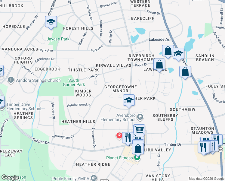 map of restaurants, bars, coffee shops, grocery stores, and more near 116 Carriage House Trail in Garner