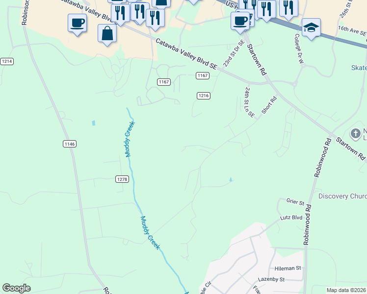 map of restaurants, bars, coffee shops, grocery stores, and more near 3399 Rp Whitener Lane in Hickory