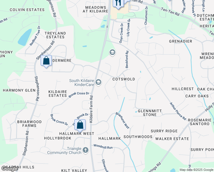 map of restaurants, bars, coffee shops, grocery stores, and more near 111 Fairchild Downs Place in Cary