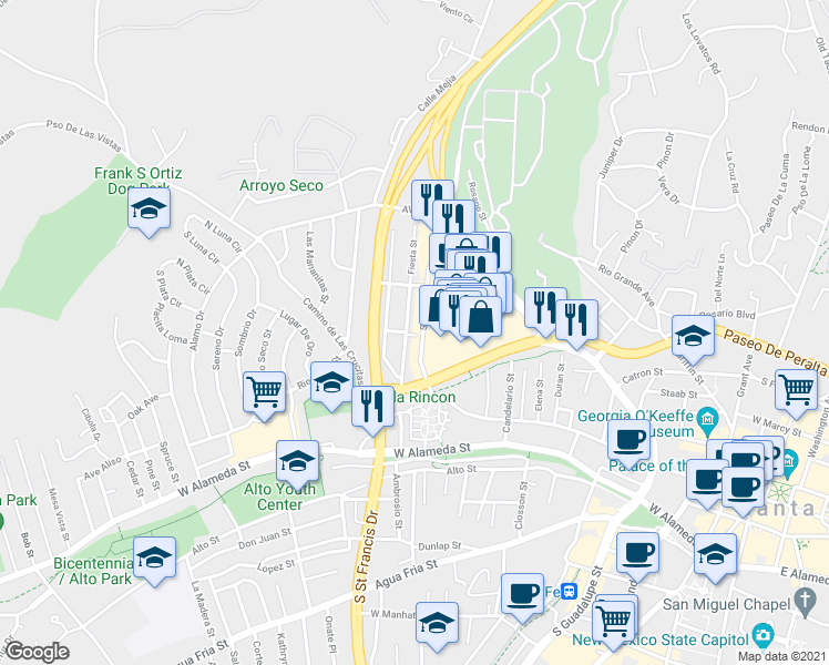 map of restaurants, bars, coffee shops, grocery stores, and more near 199 Fiesta Street in Santa Fe