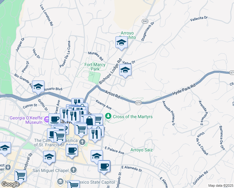 map of restaurants, bars, coffee shops, grocery stores, and more near 316 Artist Road in Santa Fe