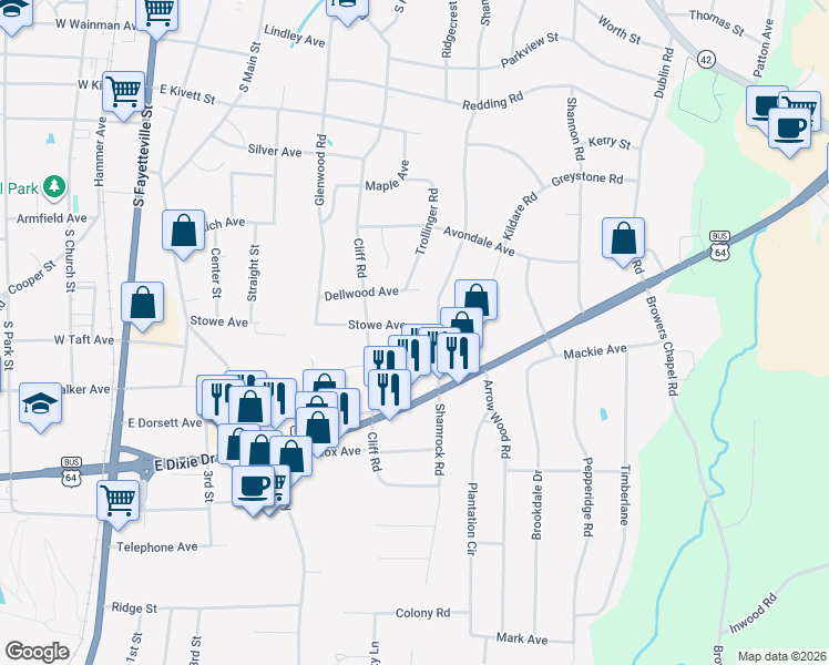 map of restaurants, bars, coffee shops, grocery stores, and more near 706 Stowe Avenue in Asheboro