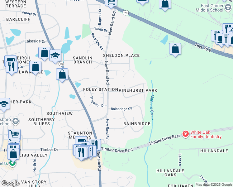 map of restaurants, bars, coffee shops, grocery stores, and more near 606 Wakeland Drive in Garner