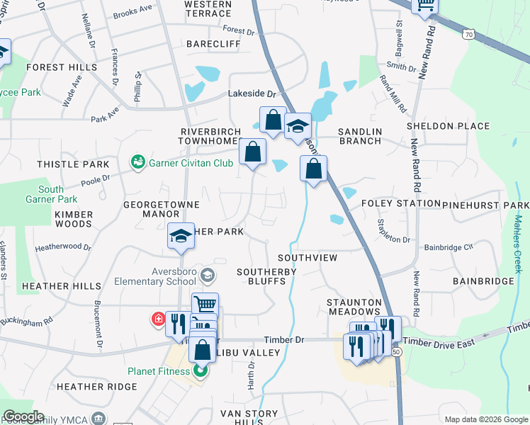 map of restaurants, bars, coffee shops, grocery stores, and more near 1314 Harvard Park Way in Garner