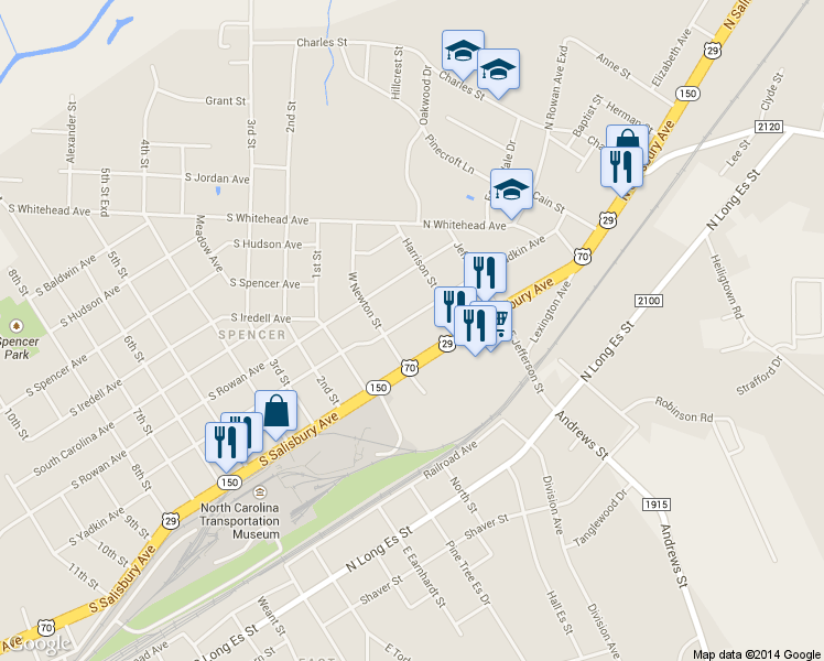 map of restaurants, bars, coffee shops, grocery stores, and more near 209 North Yadkin Avenue in Spencer
