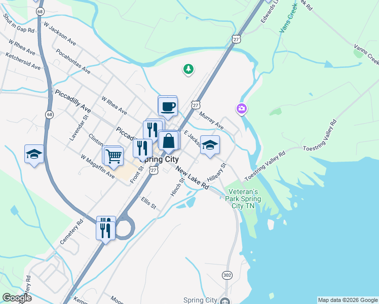 map of restaurants, bars, coffee shops, grocery stores, and more near 199 East Rhea Avenue in Spring City