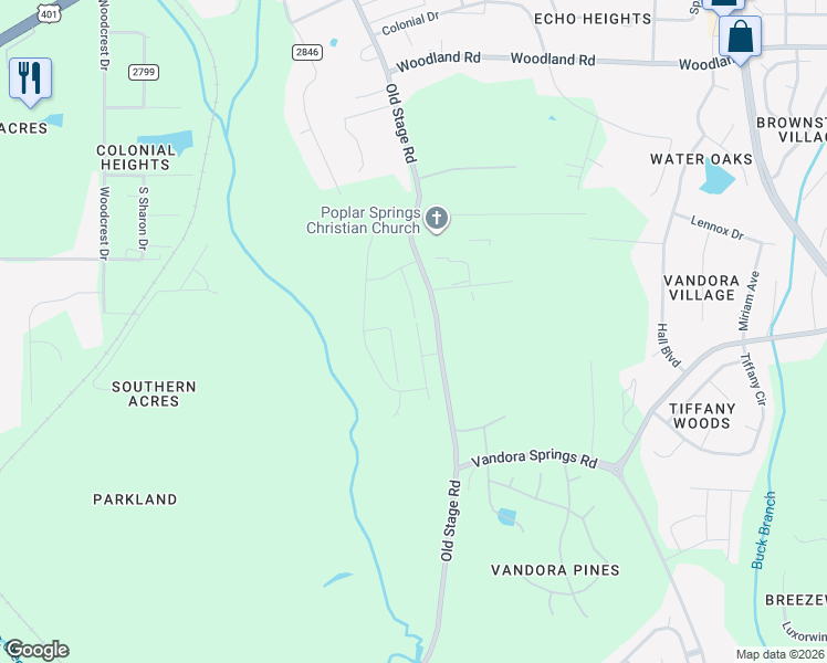 map of restaurants, bars, coffee shops, grocery stores, and more near 6401 Old Stage Road in Raleigh
