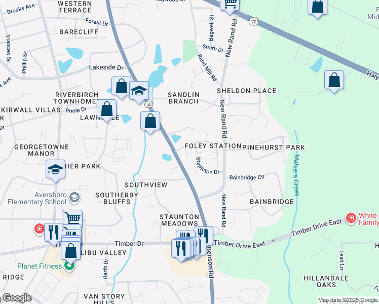 map of restaurants, bars, coffee shops, grocery stores, and more near 1207 Perdido Court in Garner