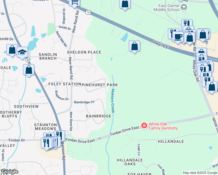 map of restaurants, bars, coffee shops, grocery stores, and more near 907 Long Ave in Garner