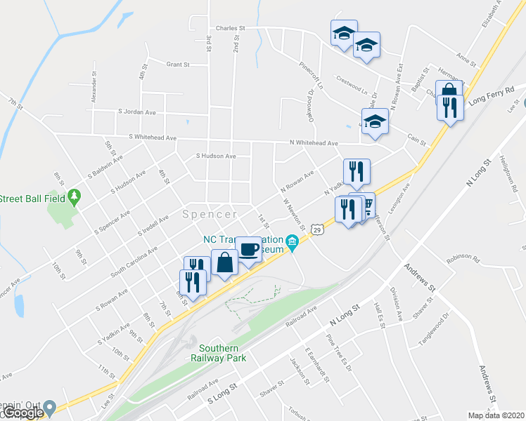 map of restaurants, bars, coffee shops, grocery stores, and more near 101 North Rowan Avenue in Spencer