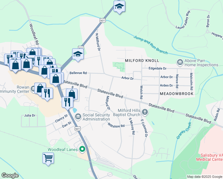 map of restaurants, bars, coffee shops, grocery stores, and more near 1524 Statesville Boulevard in Salisbury