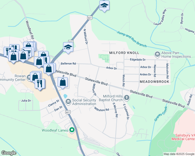 map of restaurants, bars, coffee shops, grocery stores, and more near 1524 Statesville Boulevard in Salisbury