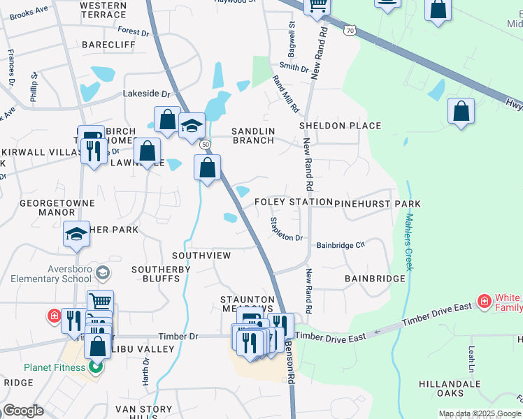 map of restaurants, bars, coffee shops, grocery stores, and more near 1207 Perdido Court in Garner