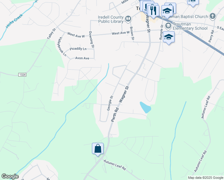 map of restaurants, bars, coffee shops, grocery stores, and more near 640 Georgie Street in Troutman