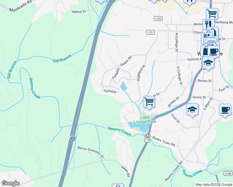map of restaurants, bars, coffee shops, grocery stores, and more near 418 Kyfields in Weaverville