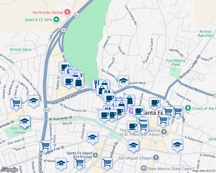 map of restaurants, bars, coffee shops, grocery stores, and more near 513 Sandia Street in Santa Fe