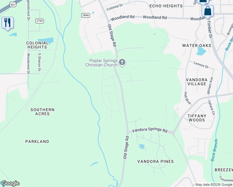 map of restaurants, bars, coffee shops, grocery stores, and more near 6401 Old Stage Road in Raleigh