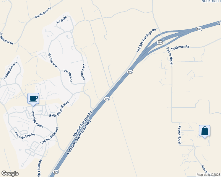 map of restaurants, bars, coffee shops, grocery stores, and more near NM-599 Frontage Rd & Blue Canyon Way in Santa Fe