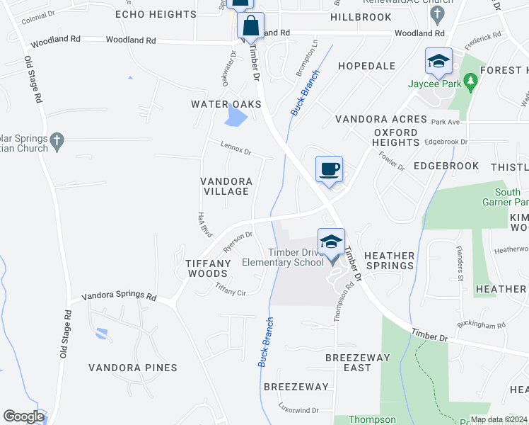 map of restaurants, bars, coffee shops, grocery stores, and more near 1808 Vandora Springs Road in Garner