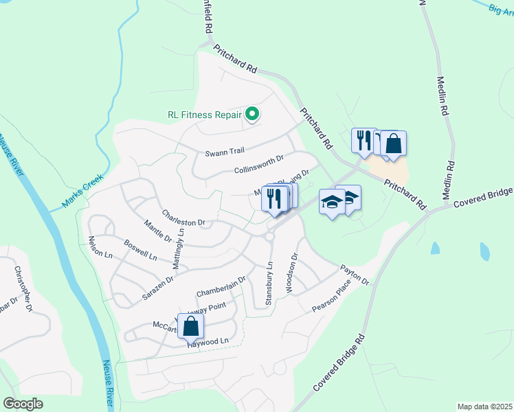 map of restaurants, bars, coffee shops, grocery stores, and more near 145 Hutson Lane in Clayton