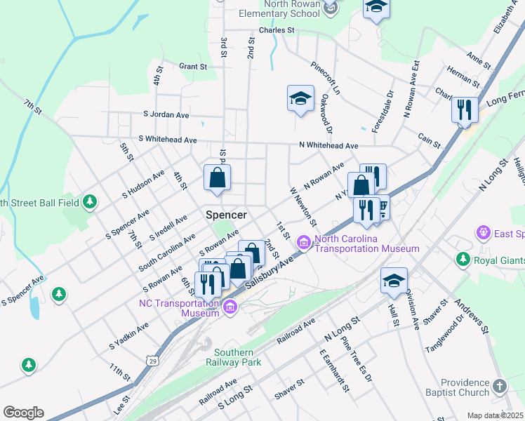 map of restaurants, bars, coffee shops, grocery stores, and more near 110 North Rowan Avenue in Spencer