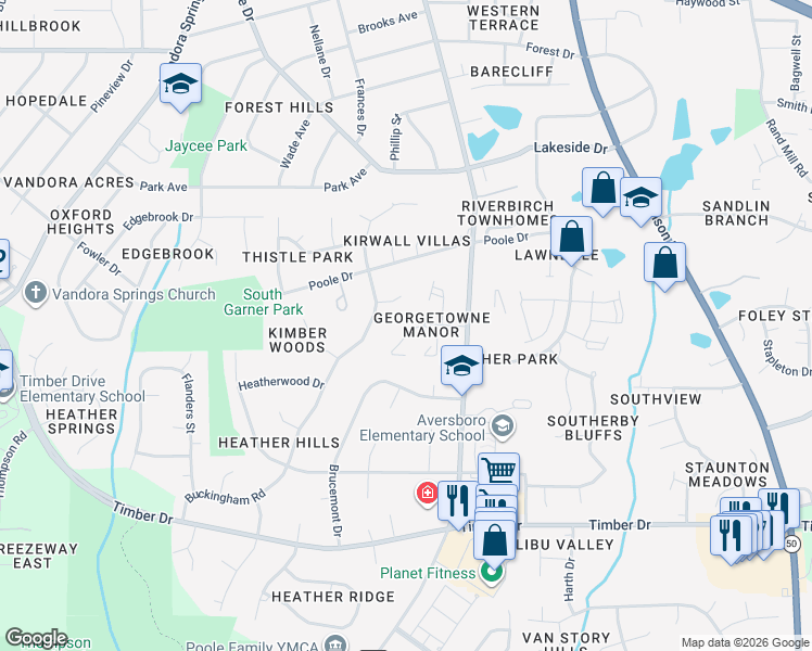 map of restaurants, bars, coffee shops, grocery stores, and more near 116 Carriage House Trail in Garner
