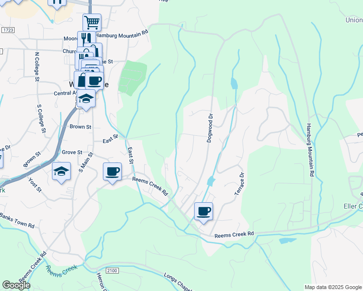 map of restaurants, bars, coffee shops, grocery stores, and more near 10 Shadowbrook Drive in Weaverville