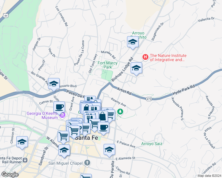 map of restaurants, bars, coffee shops, grocery stores, and more near 106 Monte Vista Place in Santa Fe