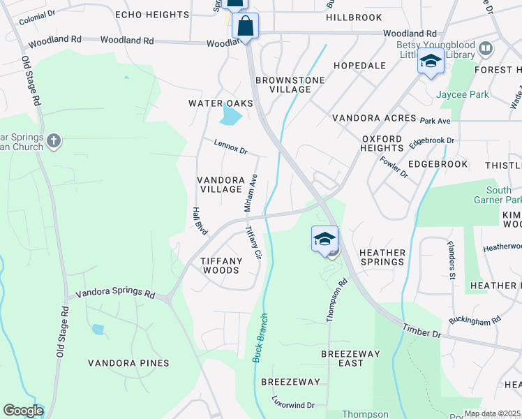 map of restaurants, bars, coffee shops, grocery stores, and more near 1808 Vandora Springs Road in Garner