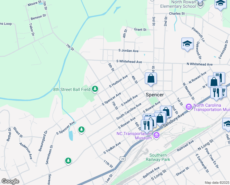map of restaurants, bars, coffee shops, grocery stores, and more near 600 South Spencer Avenue in Spencer