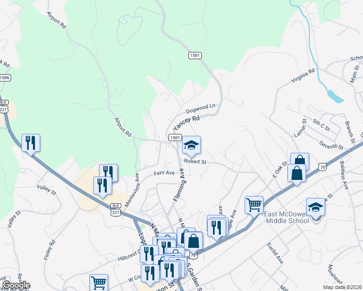 map of restaurants, bars, coffee shops, grocery stores, and more near 24 Yancey Rd in Marion