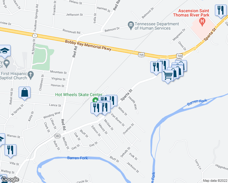 map of restaurants, bars, coffee shops, grocery stores, and more near 111 Woodmont Drive in McMinnville
