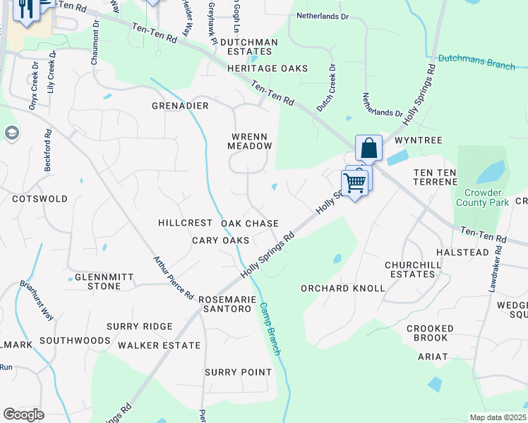map of restaurants, bars, coffee shops, grocery stores, and more near 4124 Winding Oak Way in Apex